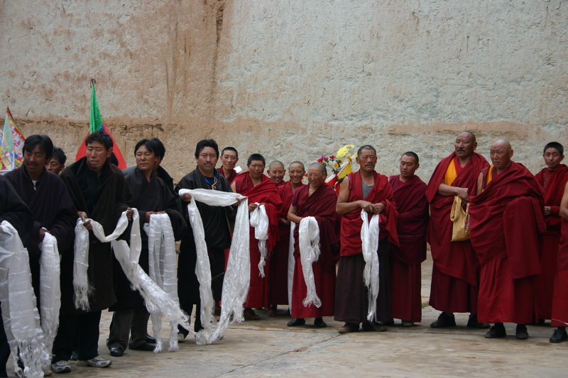 Geshe Tashi Tsering greets monks at Khangmar Monastery